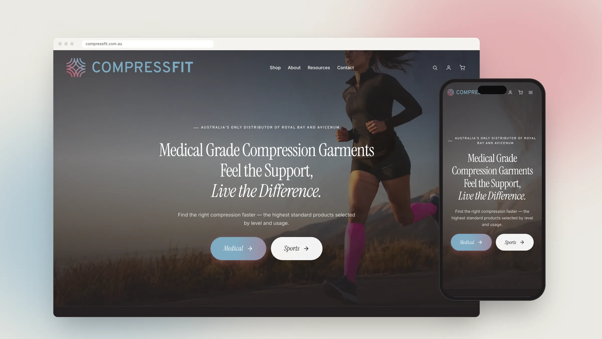 CompressFit ecommerce website on desktop and mobile, designed and built by Adcraft Studio