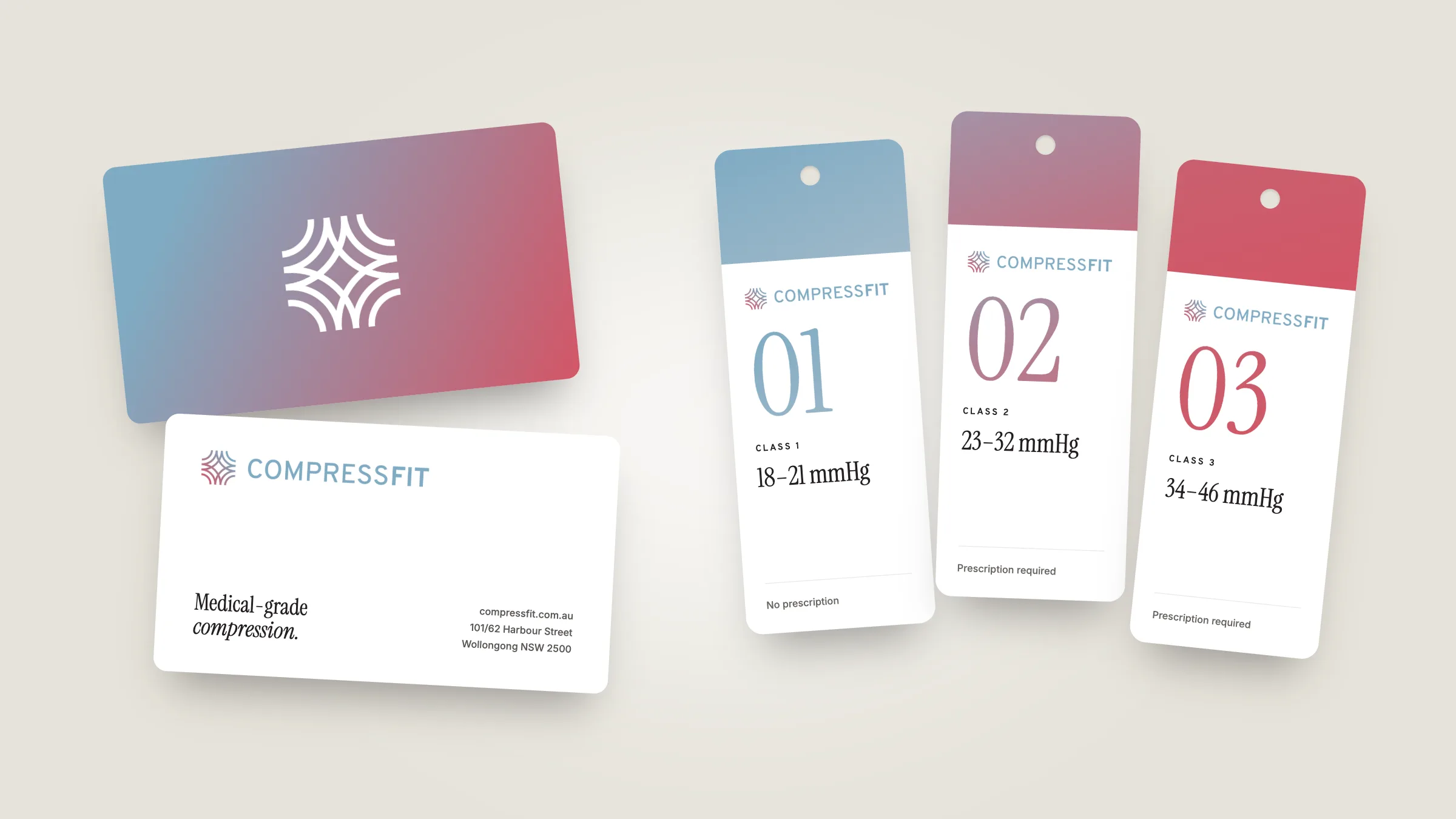 CompressFit business cards and compression class swing tags for Class 1, 2 and 3