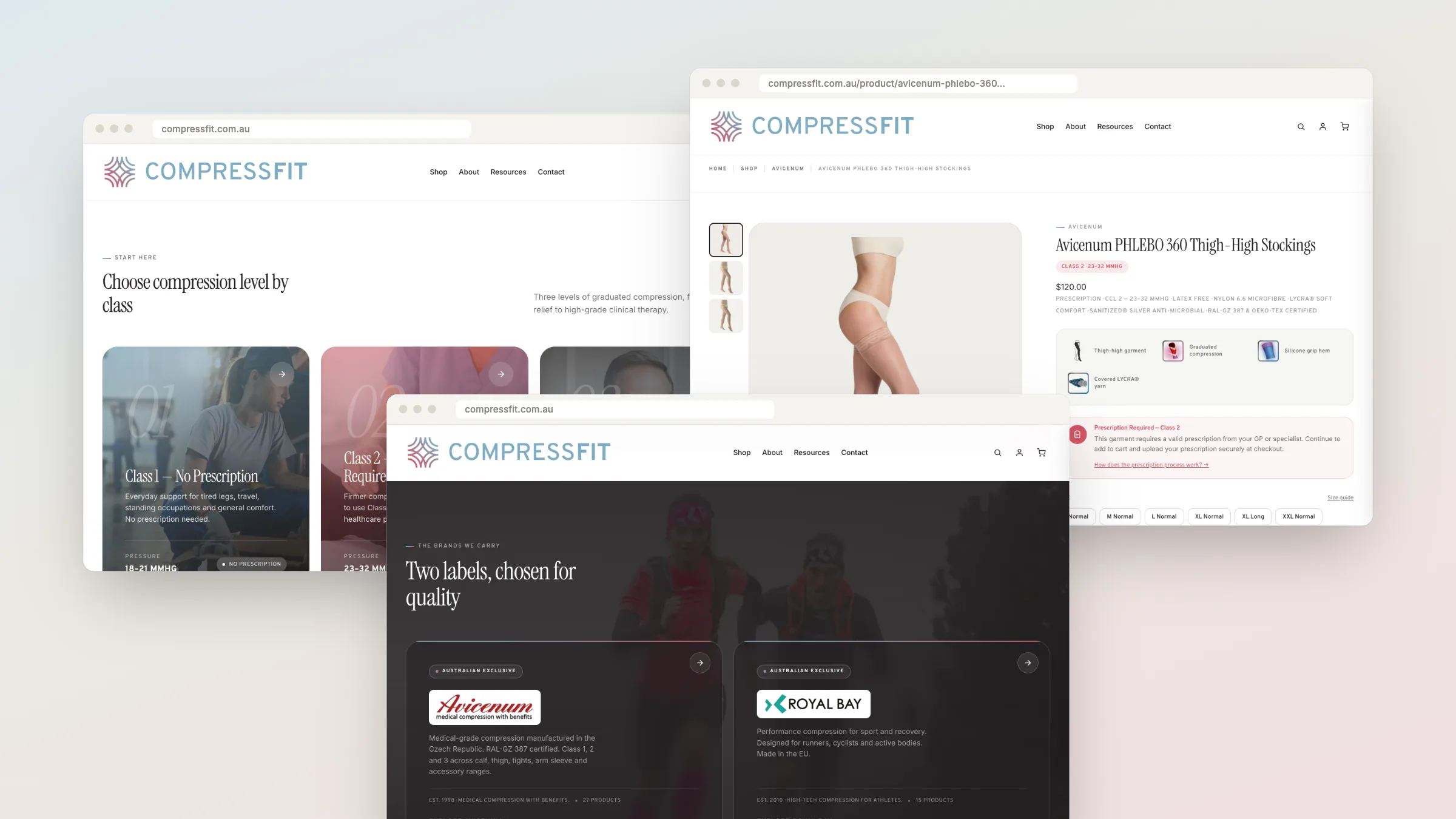 CompressFit website pages: compression classes, a product page and the brands section