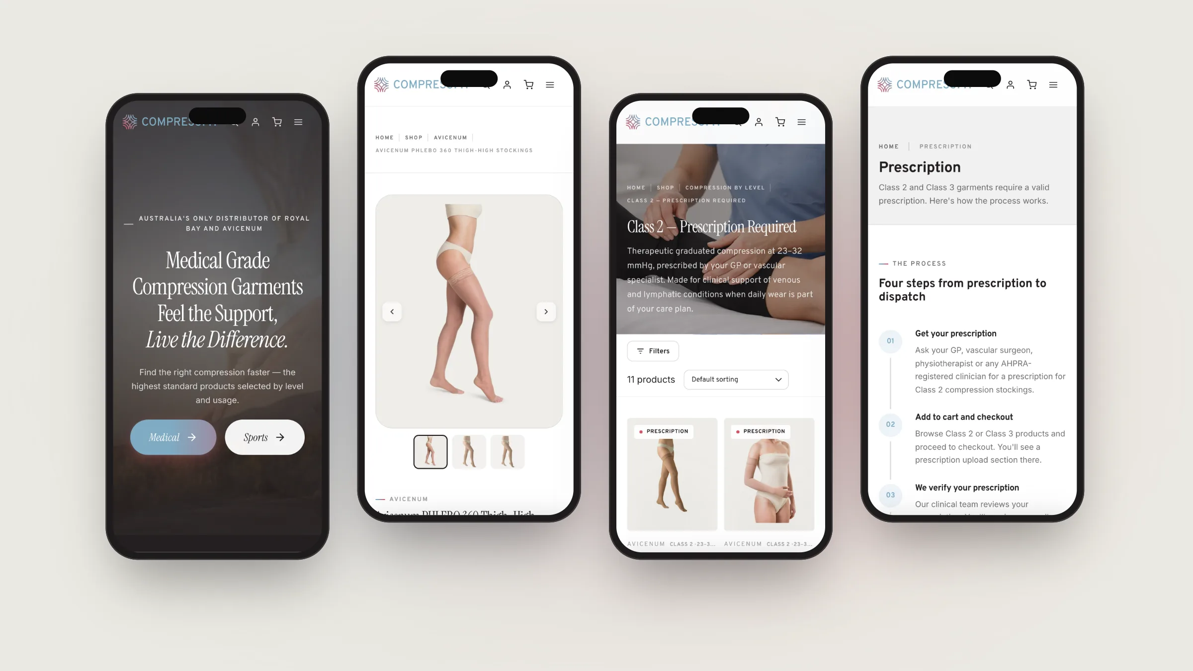 CompressFit mobile website: home page, product page, Class 2 collection and prescription guide