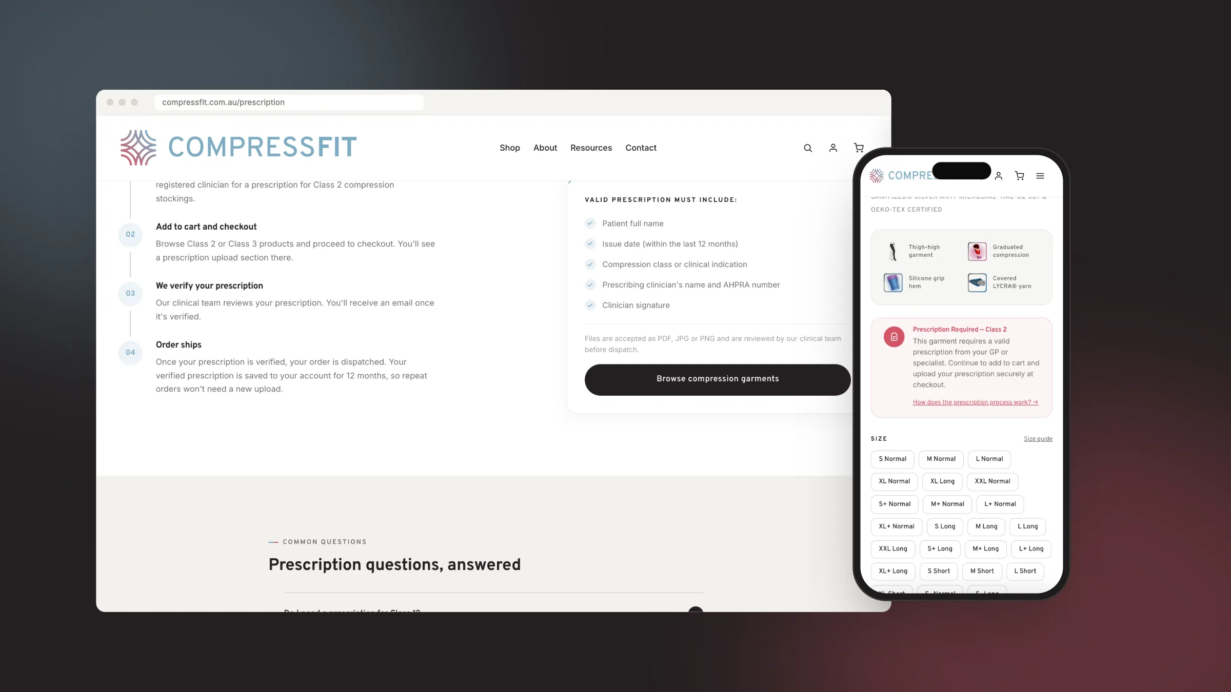 CompressFit prescription guide on desktop and the prescription notice on a product page on mobile