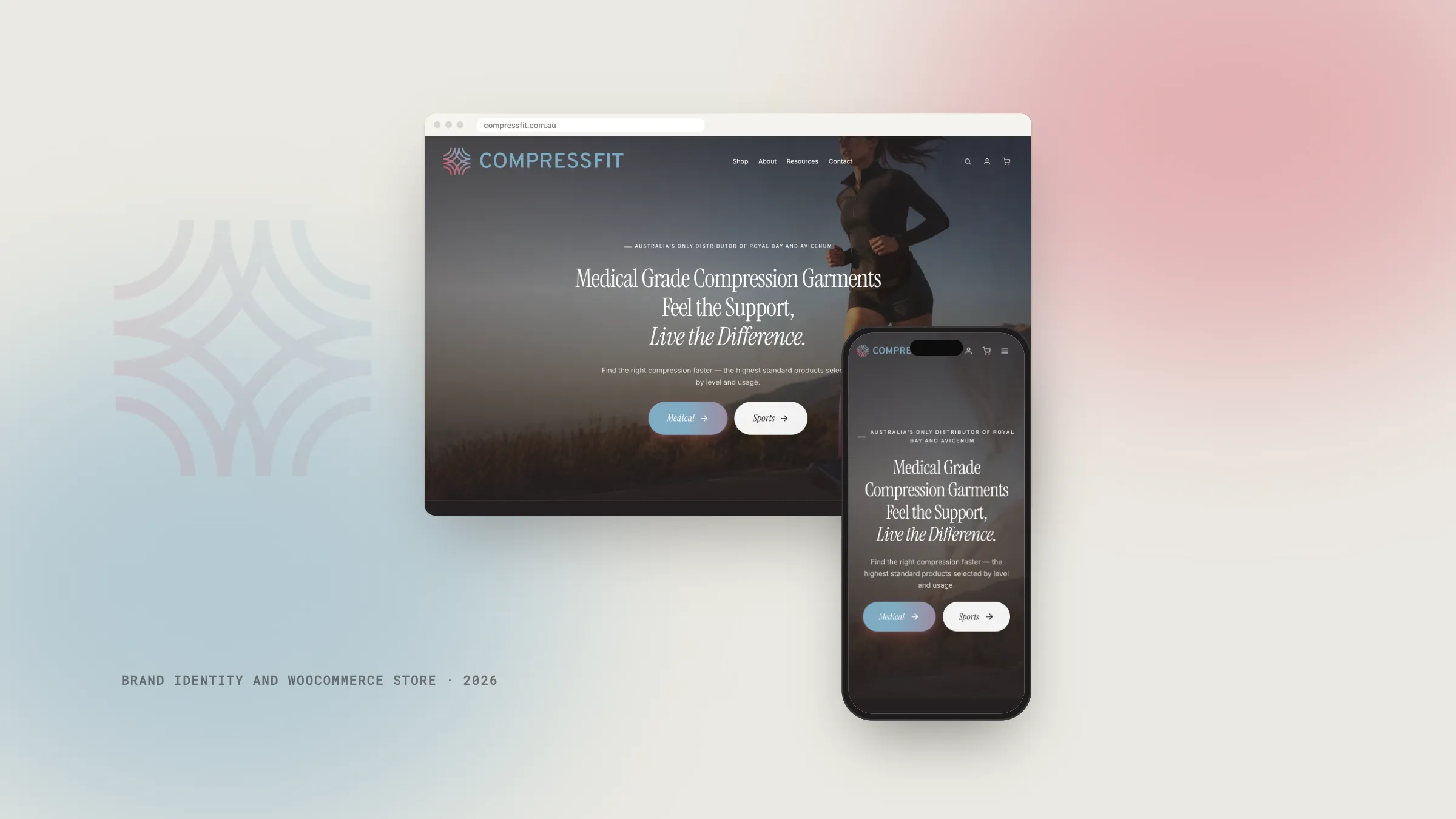 CompressFit ecommerce website on a laptop and a phone, designed and built by Adcraft Studio