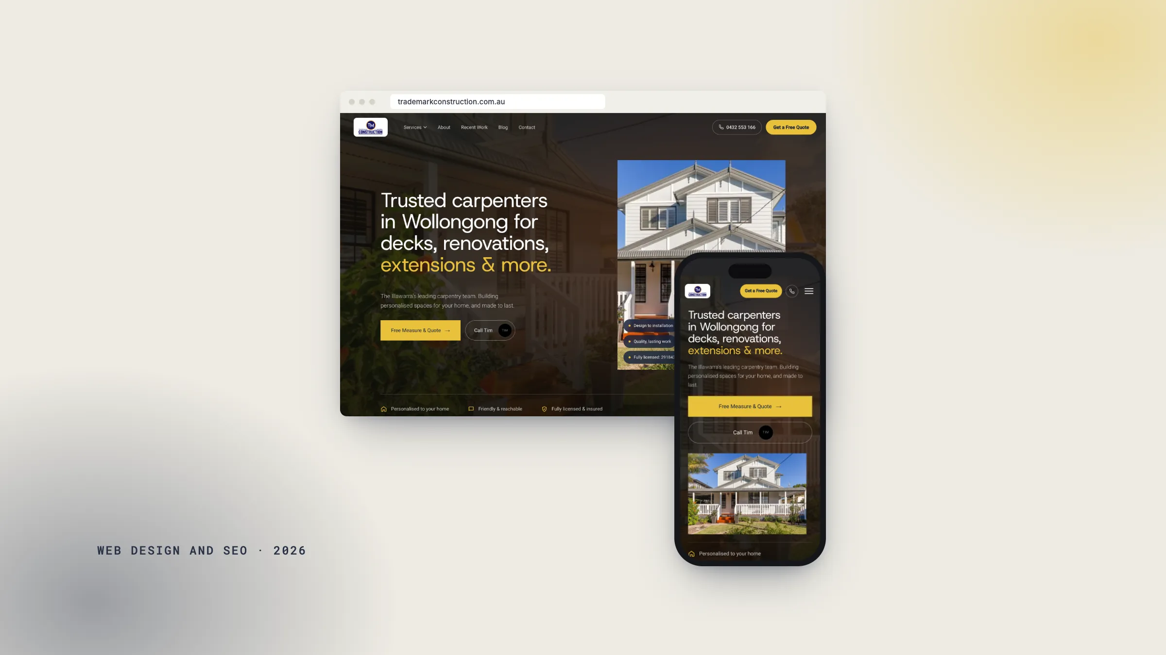 Trademark Construction website on desktop and mobile: the home page hero, designed and built by Adcraft Studio