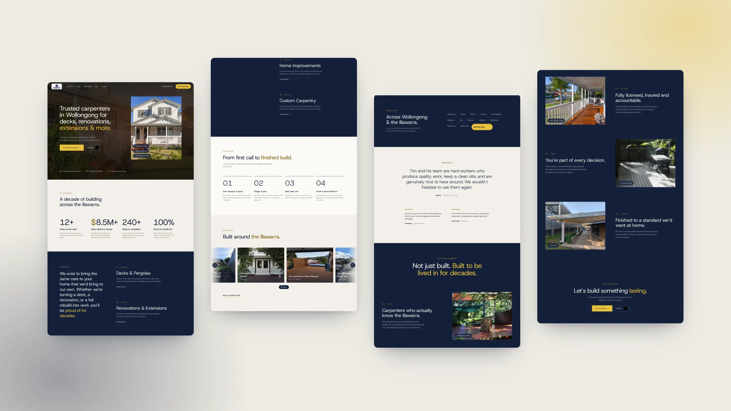 Trademark Construction home page from top to bottom: hero, by-the-numbers strip, services, how we work, recent work, reviews and the Start Your Project block