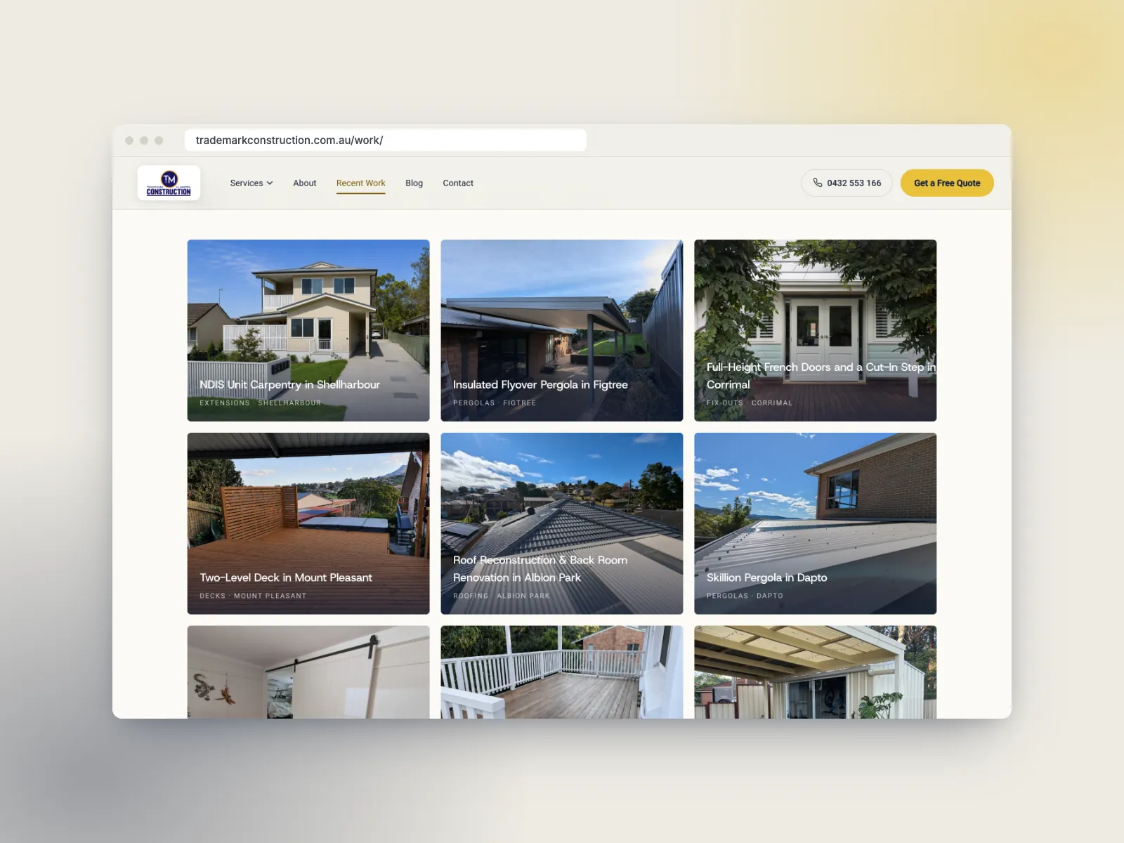 Recent Work gallery on the Trademark Construction website, every job titled by type and suburb, such as Skillion Pergola in Dapto