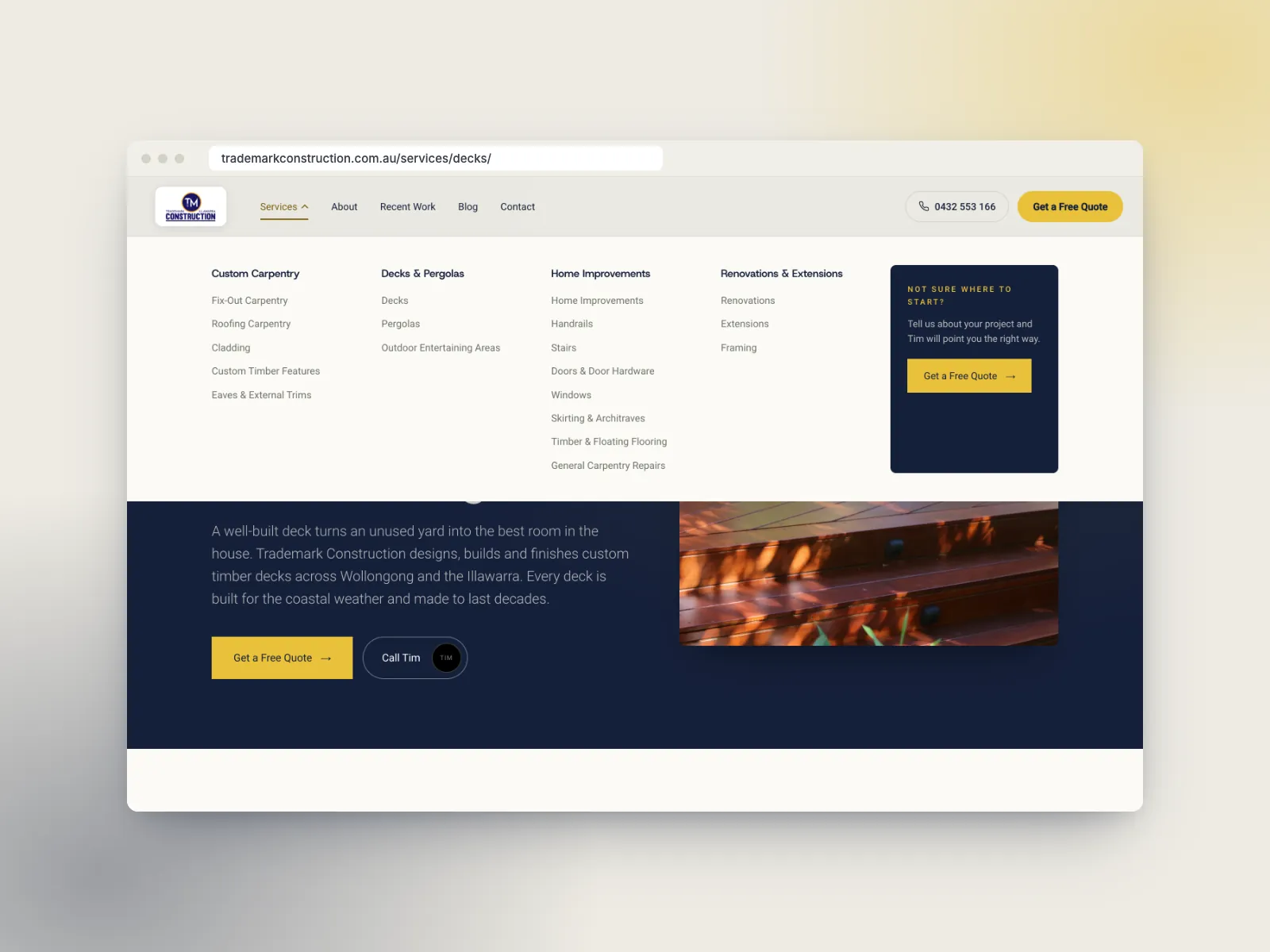 Services mega menu listing all 19 carpentry services in four groups, with a Not sure where to start? quote prompt