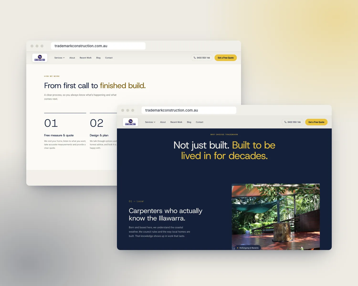 How We Work and Why Choose Trademark sections of the Trademark Construction home page on desktop