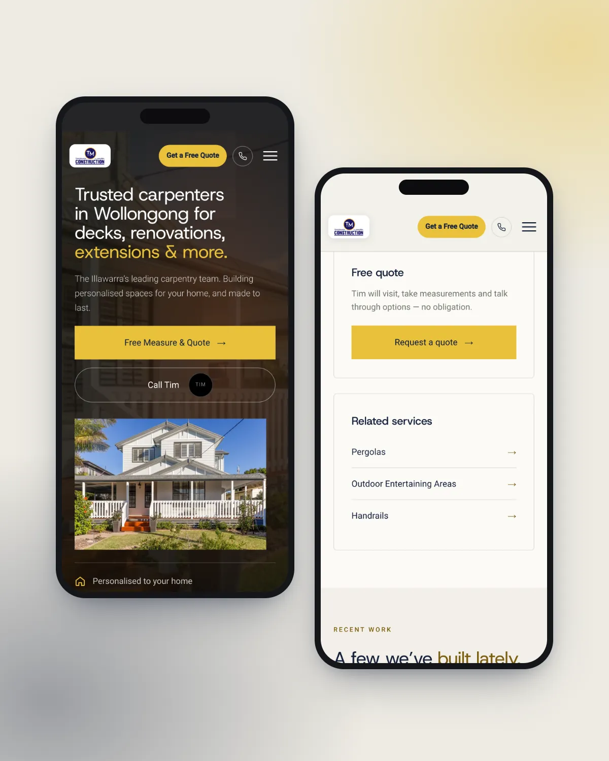 Trademark Construction website on mobile: home page with Free Measure & Quote and Call Tim, and the Decks page quote prompt and related services