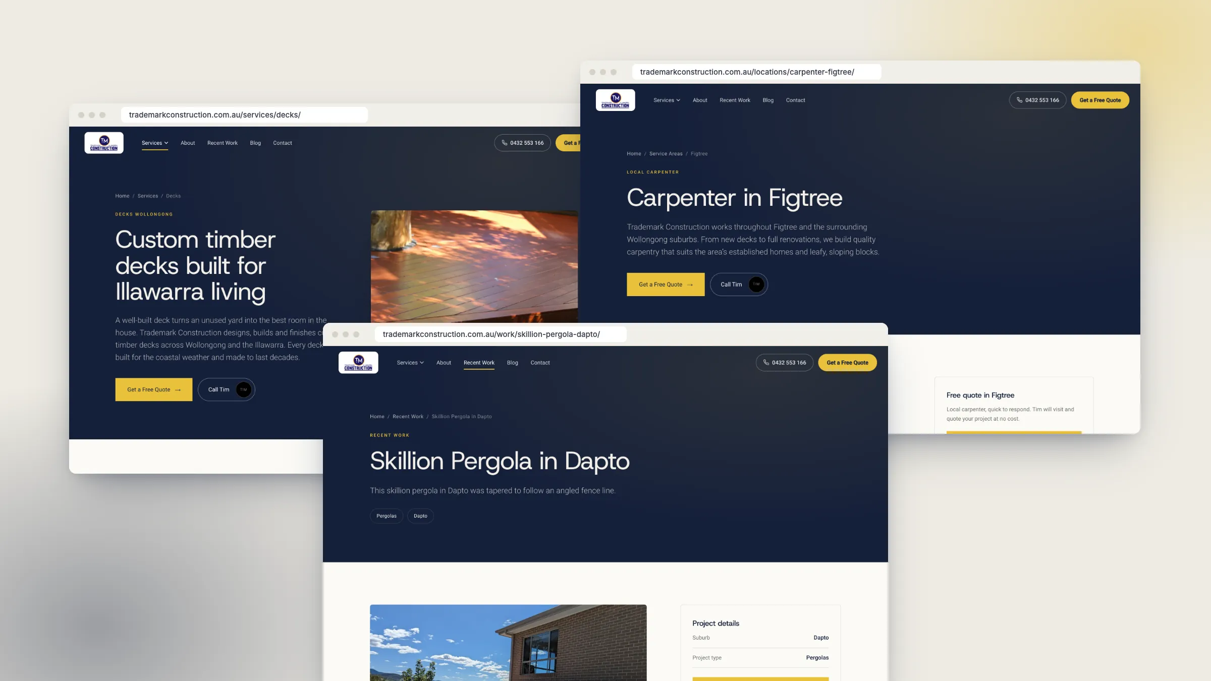 Clean URLs on the Trademark Construction website: the Decks service page, the Carpenter in Figtree suburb page and the Skillion Pergola in Dapto job page