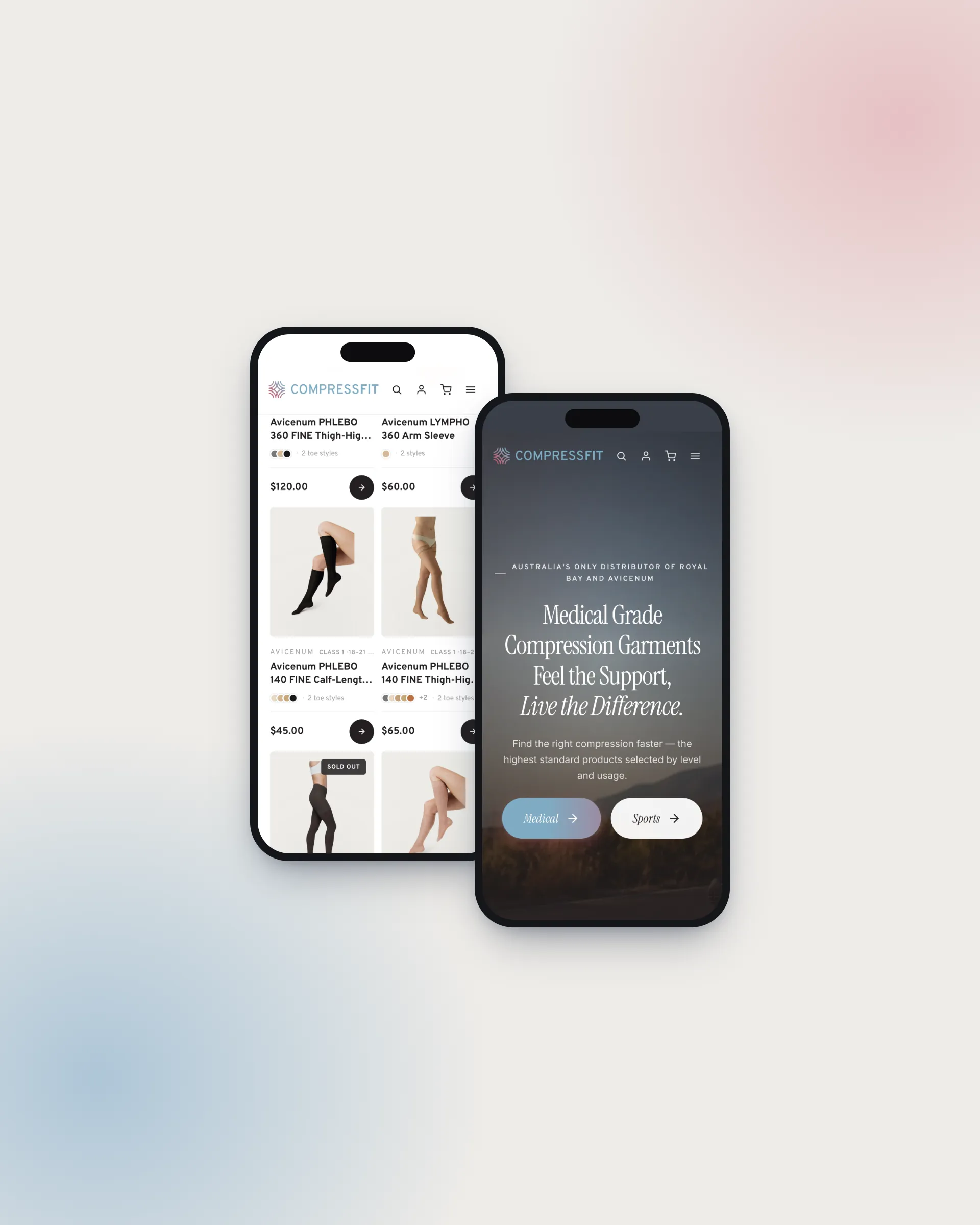 CompressFit online store on two phones: the product grid with prices and the home page, an ecommerce website designed and built by Adcraft Studio