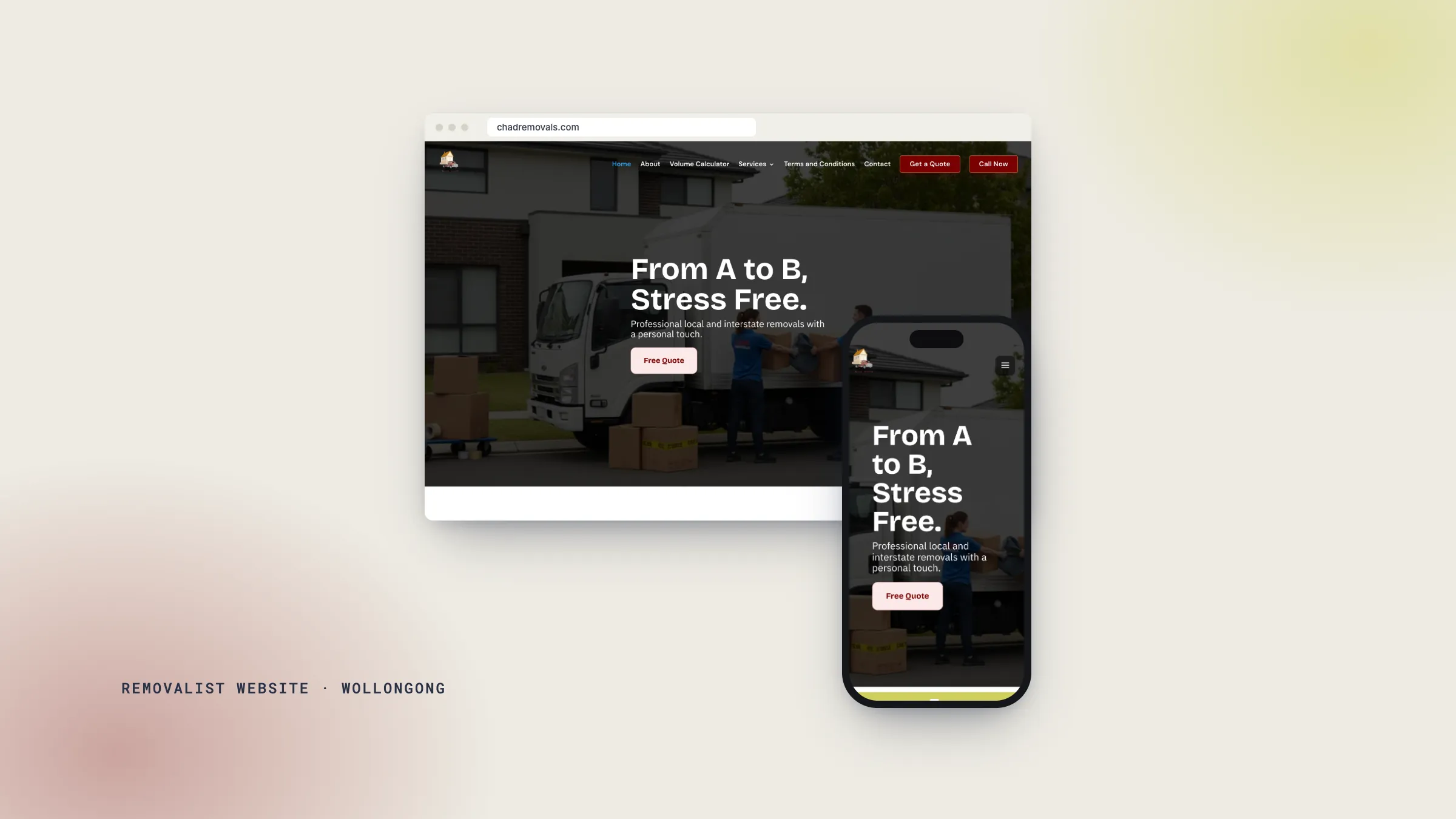 Chad Removals website on desktop and mobile: the home page hero, designed and built by Adcraft Studio