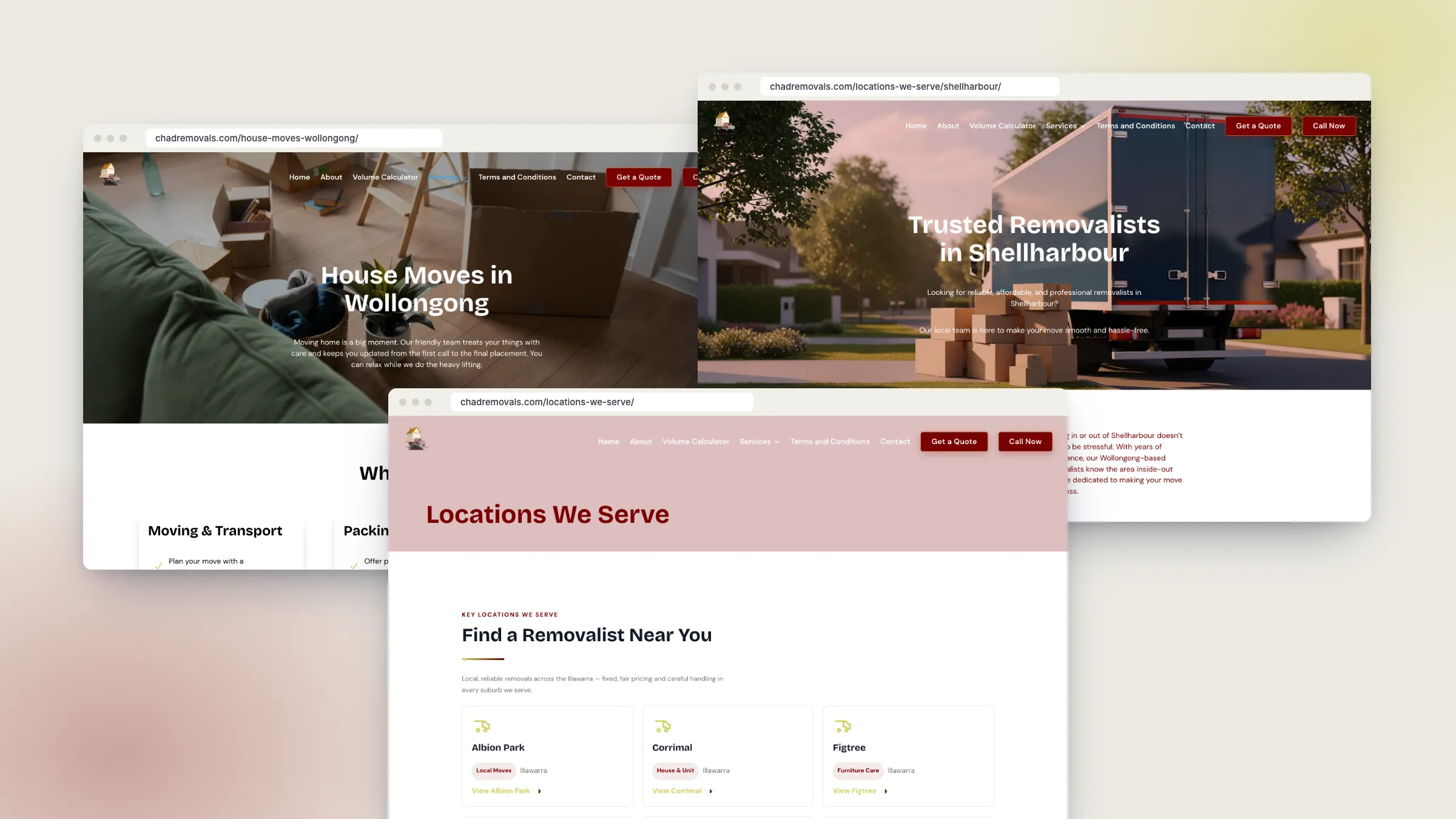 Chad Removals website pages: House Moves in Wollongong, Trusted Removalists in Shellharbour and the Locations We Serve hub
