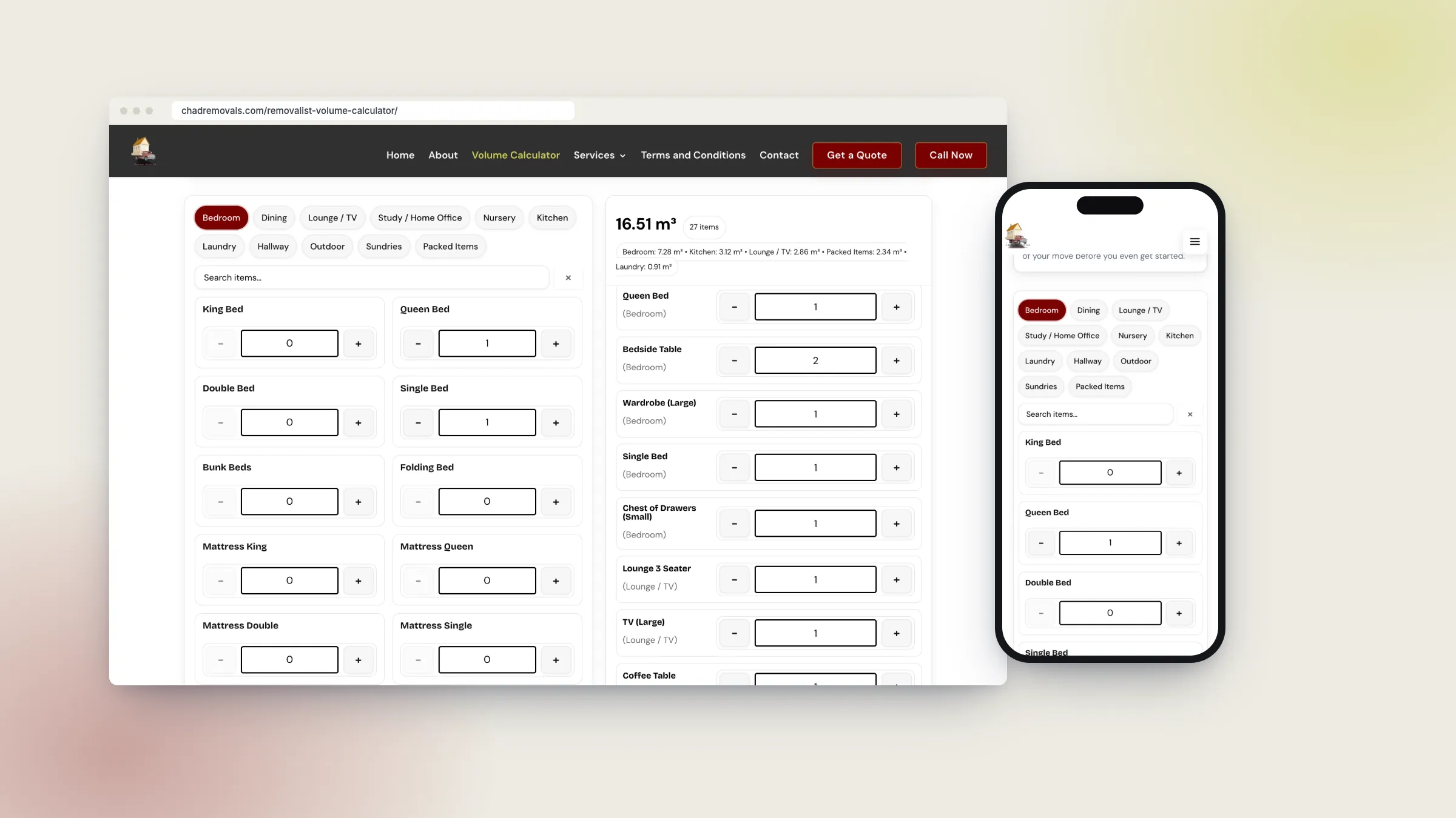 Chad Removals volume calculator on desktop and mobile: room tabs, item search, quantities and a running total of 16.51 cubic metres with a room breakdown