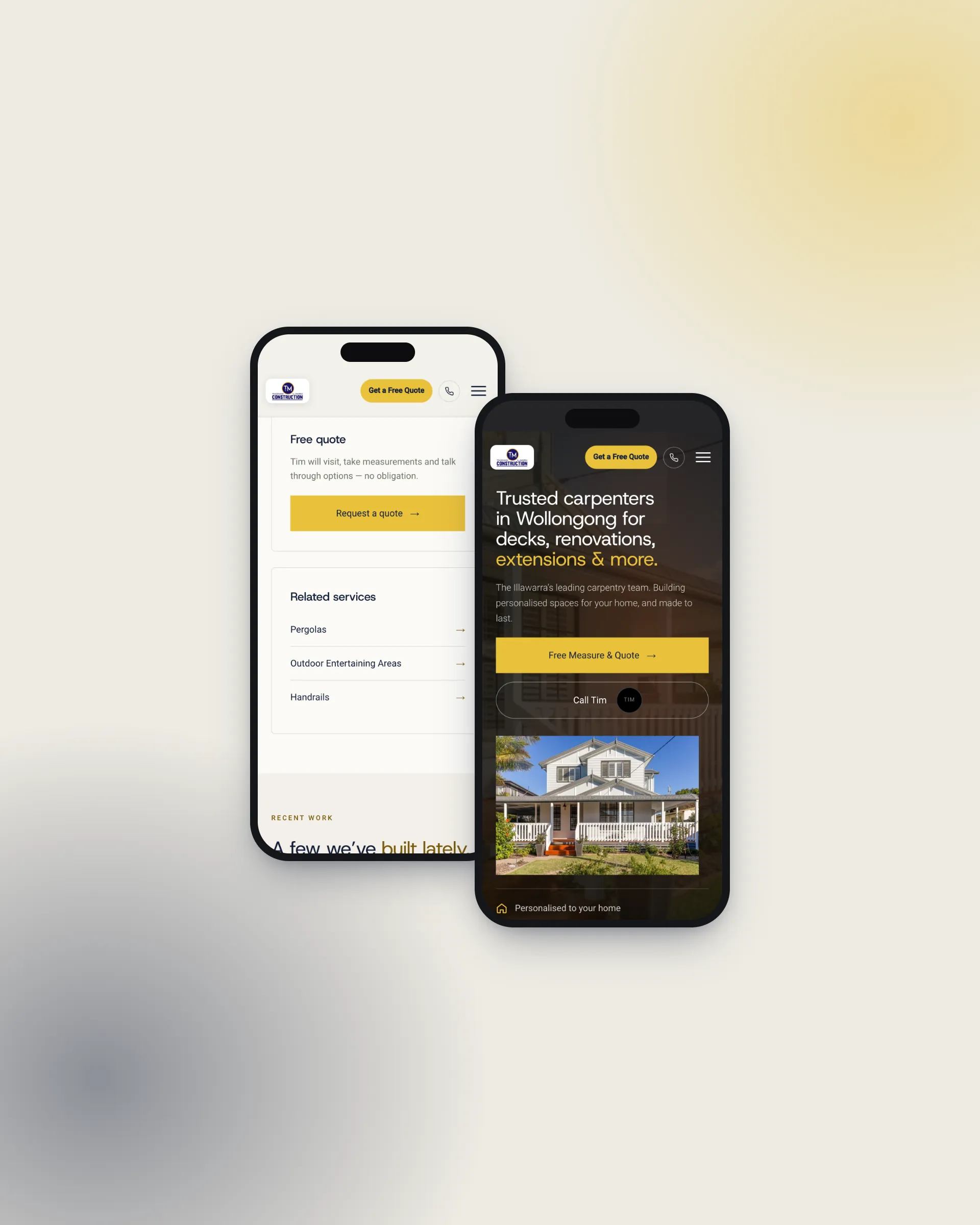 Trademark Construction website on two phones: the home page with Free Measure & Quote and Call Tim, and a service page quote prompt, a tradie website by Adcraft Studio