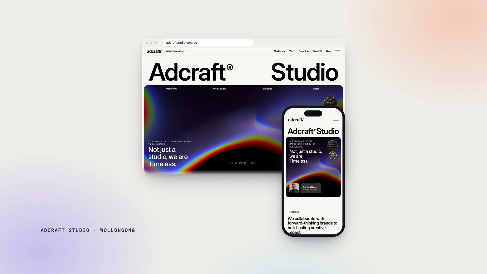 The Adcraft Studio website, built on Astro and EmDash, shown on a laptop and a phone